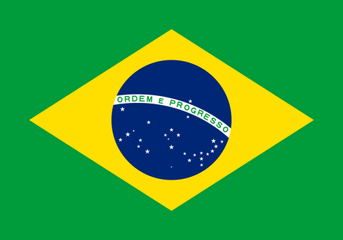 Brazilian flag which consists of green background, large yellow square, navy blue circle in the middle with a few white stars on the bottom of the blue circle. White banner runs across blue circle that says "Ordem e Progresso"