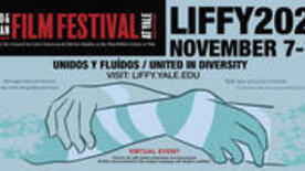 LIFFY 2021 Poster line drawing of two hands folded over each other like two people embracing, in different shades of blue-green, large bold black text at the top reads "LIFFY 2021 November 7-14, United in Diversity"