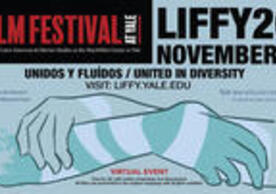 line drawing of two hands folded over each other like two people embracing, in different shades of blue-green, large bold black text at the top reads "LIFFY 2021 November 7-14, United in Diversity"